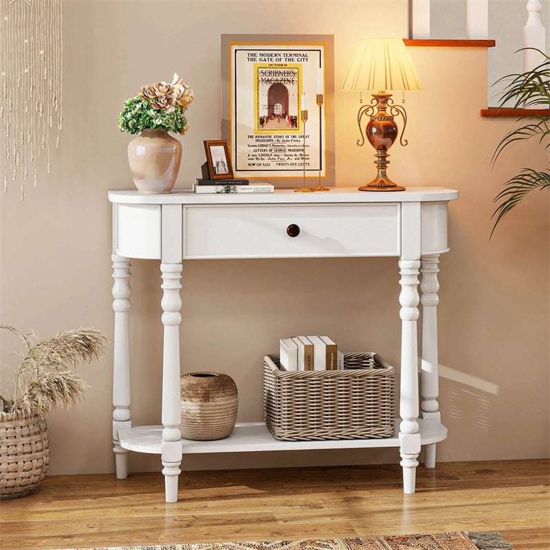 36" 2-Tier Retro Console Table with Storage Drawer & Open Shelf, Solid Wood Narrow Entryway Sofa Table for Living Room, Foyer & Hallway