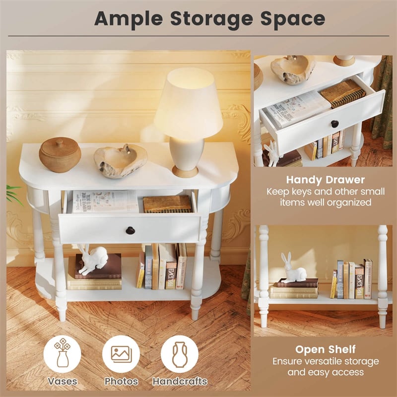 36" 2-Tier Retro Console Table with Storage Drawer & Open Shelf, Solid Wood Narrow Entryway Sofa Table for Living Room, Foyer & Hallway