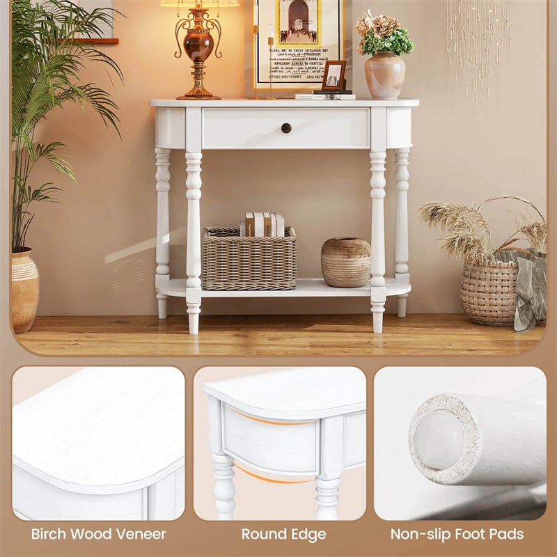 36" 2-Tier Retro Console Table with Storage Drawer & Open Shelf, Solid Wood Narrow Entryway Sofa Table for Living Room, Foyer & Hallway