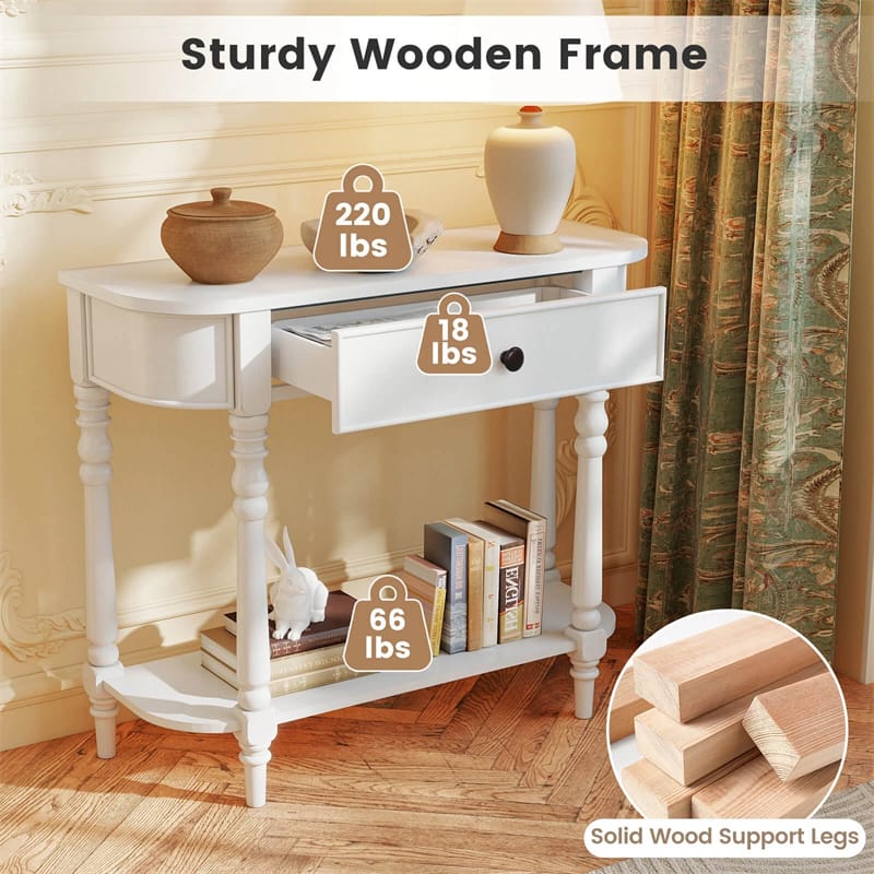 36" 2-Tier Retro Console Table with Storage Drawer & Open Shelf, Solid Wood Narrow Entryway Sofa Table for Living Room, Foyer & Hallway