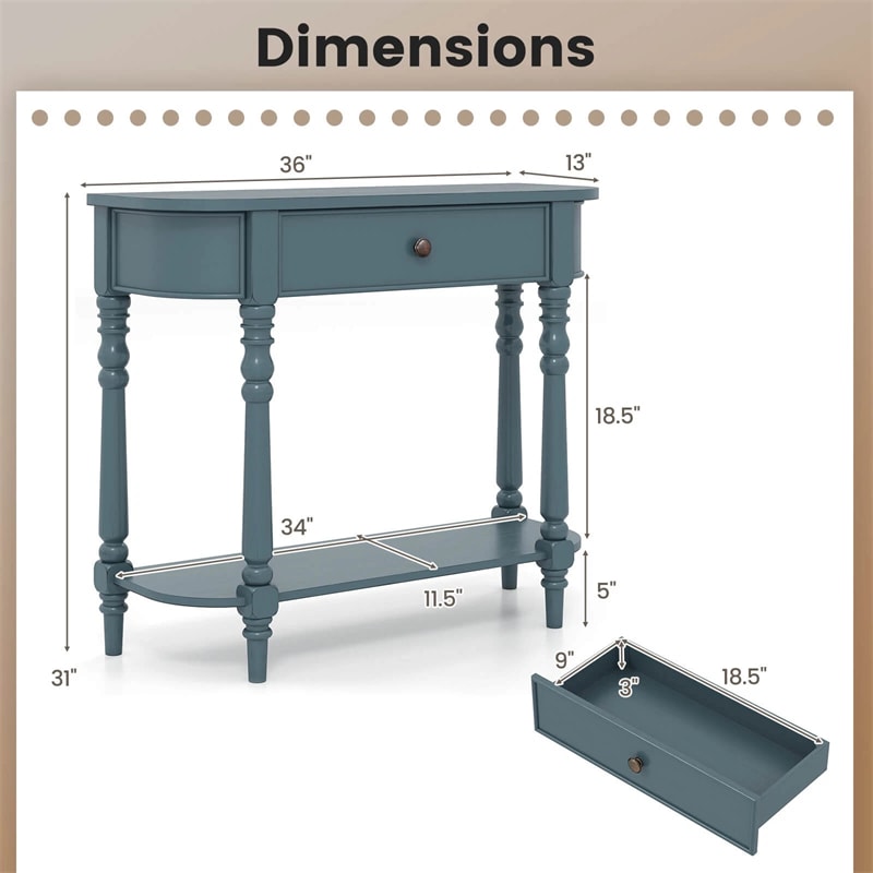 36" 2-Tier Retro Console Table with Storage Drawer & Open Shelf, Solid Wood Narrow Entryway Sofa Table for Living Room, Foyer & Hallway