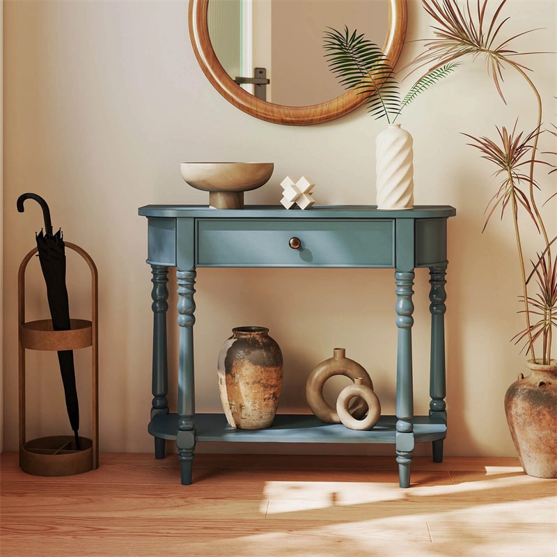 36" 2-Tier Retro Console Table with Storage Drawer & Open Shelf, Solid Wood Narrow Entryway Sofa Table for Living Room, Foyer & Hallway
