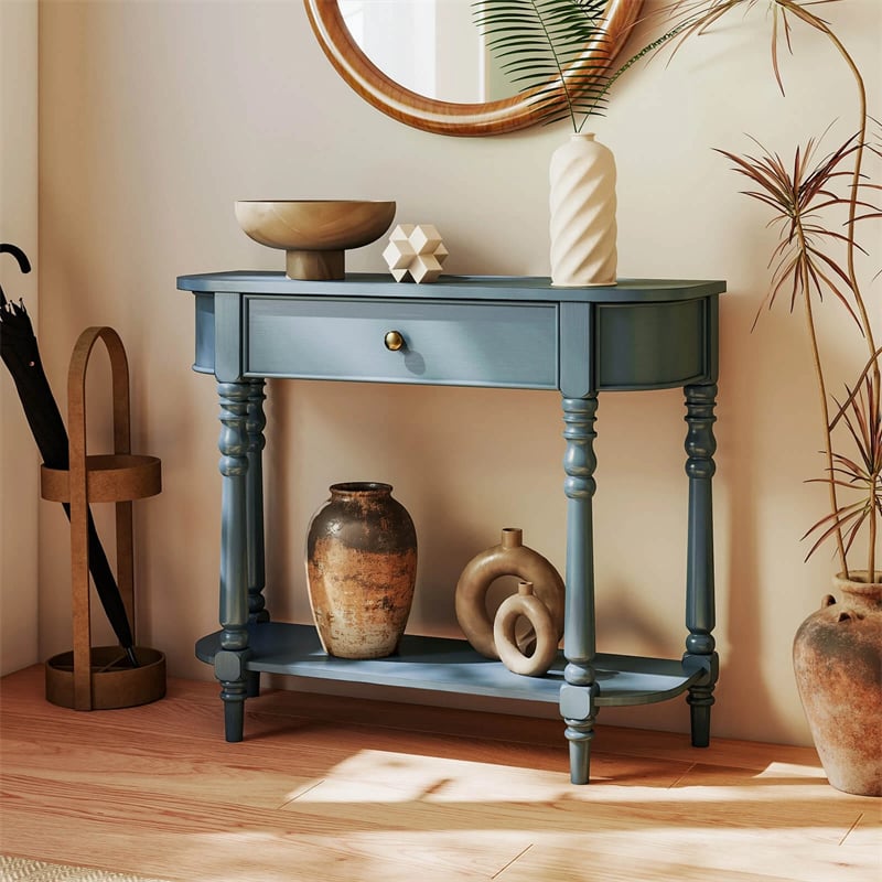 36" 2-Tier Retro Console Table with Storage Drawer & Open Shelf, Solid Wood Narrow Entryway Sofa Table for Living Room, Foyer & Hallway
