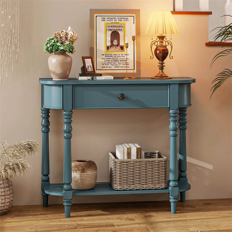 36" 2-Tier Retro Console Table with Storage Drawer & Open Shelf, Solid Wood Narrow Entryway Sofa Table for Living Room, Foyer & Hallway