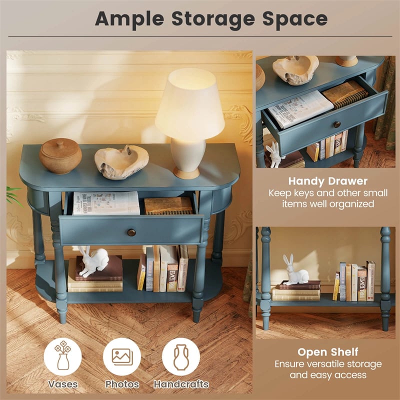 36" 2-Tier Retro Console Table with Storage Drawer & Open Shelf, Solid Wood Narrow Entryway Sofa Table for Living Room, Foyer & Hallway