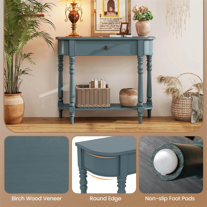 36" 2-Tier Retro Console Table with Storage Drawer & Open Shelf, Solid Wood Narrow Entryway Sofa Table for Living Room, Foyer & Hallway