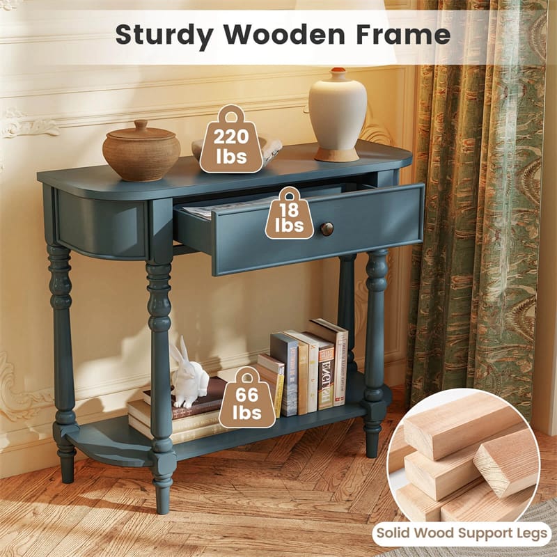 36" 2-Tier Retro Console Table with Storage Drawer & Open Shelf, Solid Wood Narrow Entryway Sofa Table for Living Room, Foyer & Hallway
