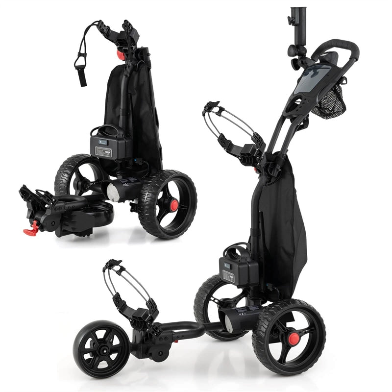 Electric Golf Push Cart Foldable 3-Wheel w/ Adjustable Handle, 9 Speed Settings, 18 Hole Battery, Umbrella Holder, Drink Holder, Cooler Bag & USB Port