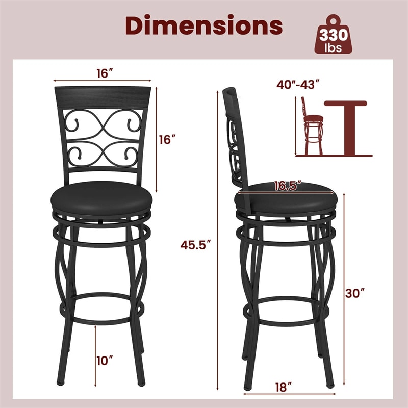 30" Swivel Metal Bar Stools Set of 2, Vintage Upholstered Bar Height Dining Chairs with Back & PU Leather Padded Seat for Pub, Kitchen Island