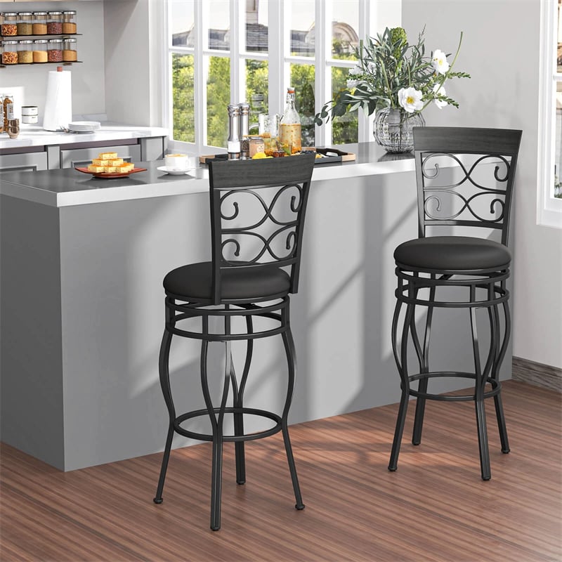 30" Swivel Metal Bar Stools Set of 2, Vintage Upholstered Bar Height Dining Chairs with Back & PU Leather Padded Seat for Pub, Kitchen Island