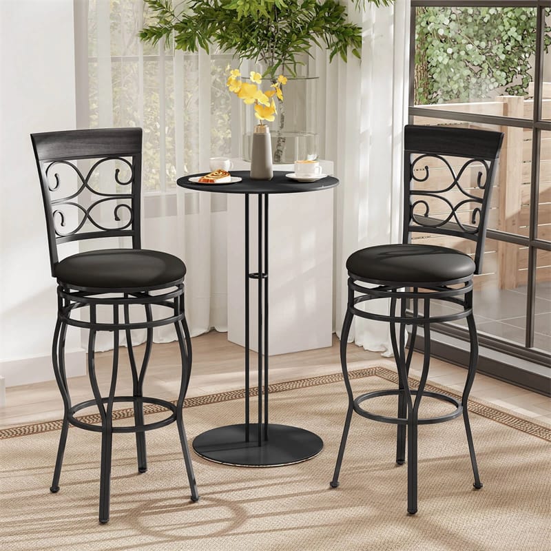 30" Swivel Metal Bar Stools Set of 2, Vintage Upholstered Bar Height Dining Chairs with Back & PU Leather Padded Seat for Pub, Kitchen Island