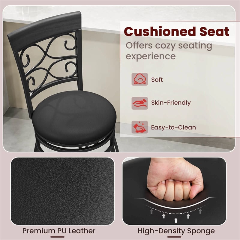 30" Swivel Metal Bar Stools Set of 2, Vintage Upholstered Bar Height Dining Chairs with Back & PU Leather Padded Seat for Pub, Kitchen Island