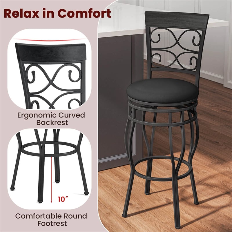 30" Swivel Metal Bar Stools Set of 2, Vintage Upholstered Bar Height Dining Chairs with Back & PU Leather Padded Seat for Pub, Kitchen Island
