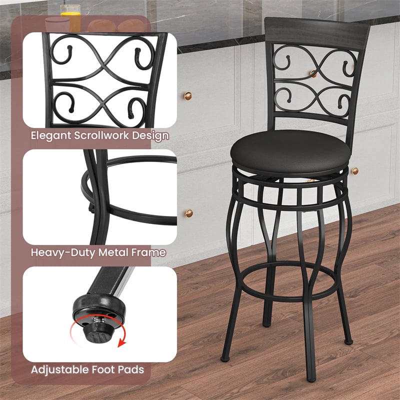 30" Swivel Metal Bar Stools Set of 2, Vintage Upholstered Bar Height Dining Chairs with Back & PU Leather Padded Seat for Pub, Kitchen Island