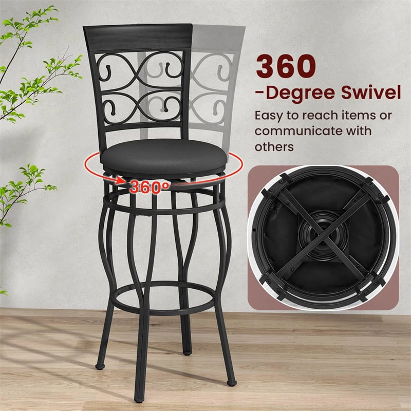 30" Swivel Metal Bar Stools Set of 2, Vintage Upholstered Bar Height Dining Chairs with Back & PU Leather Padded Seat for Pub, Kitchen Island