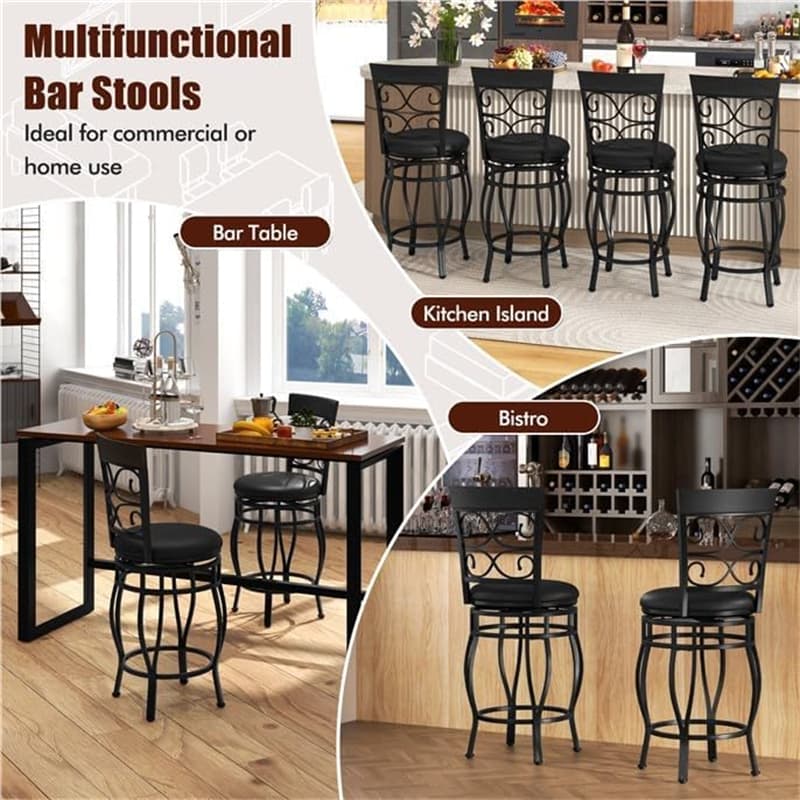 30" Swivel Metal Bar Stools Set of 2, Vintage Upholstered Bar Height Dining Chairs with Back & PU Leather Padded Seat for Pub, Kitchen Island
