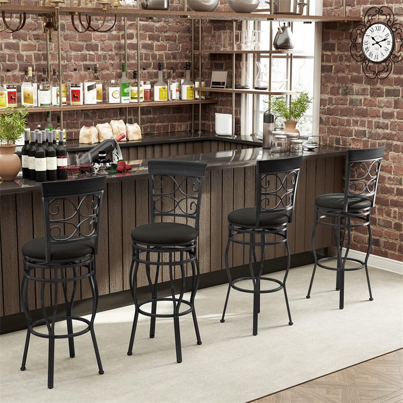 30" Swivel Metal Bar Stools Set of 2, Vintage Upholstered Bar Height Dining Chairs with Back & PU Leather Padded Seat for Pub, Kitchen Island