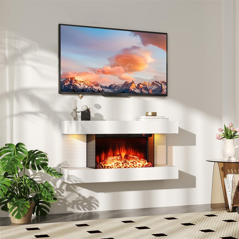 32"/50" Floating Fireplace Mantel with 18" 3-Sided Electric Fireplace, 1500W Wall Mount Heater with 12-Color Flame/LED Lights, Remote & Timer