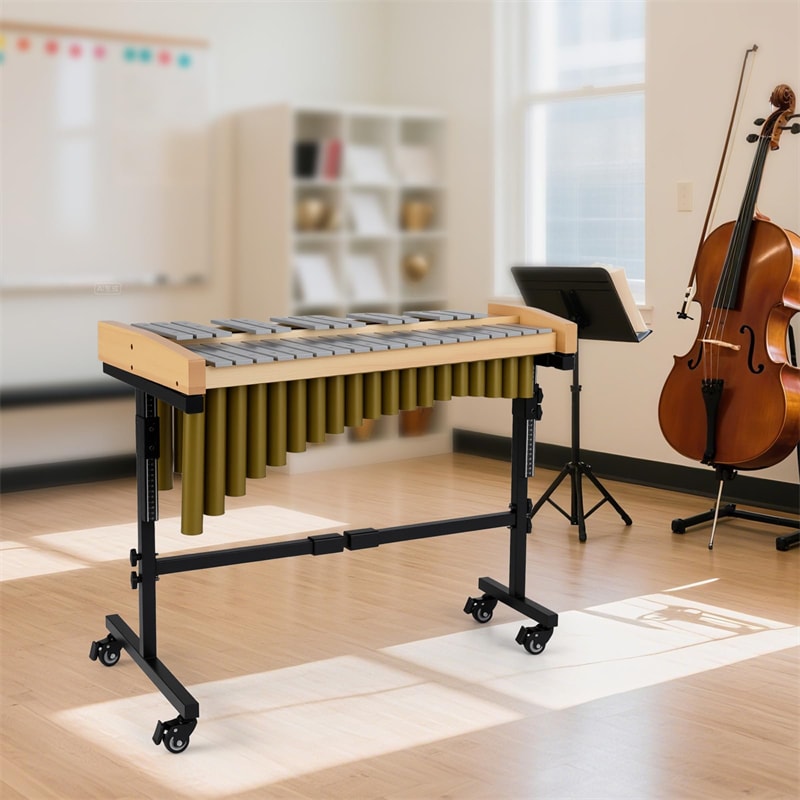 32 Note Marimba, Aluminum Xylophone Percussion Instrument w/Resonator Tubes, Rubber Wood Base, Adjustable Stand, Lockable Wheels, Mallets for Students