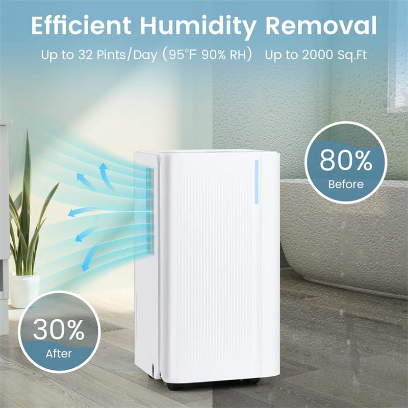 32 Pint Dehumidifier with 3.3FT Drain Hose, 24H Timer & 3-Color Indicator, 2000 Sq.Ft Portable Dehumidifier for Basement, Bedroom, Bathroom