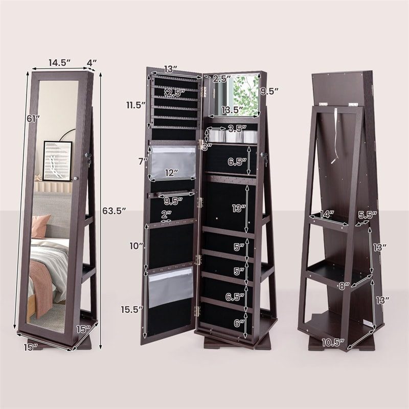 360° Rotating Jewelry Armoire with Higher Full Length Mirror, 3-in-1 Freestanding Lockable Jewelry Cabinet Organizer
