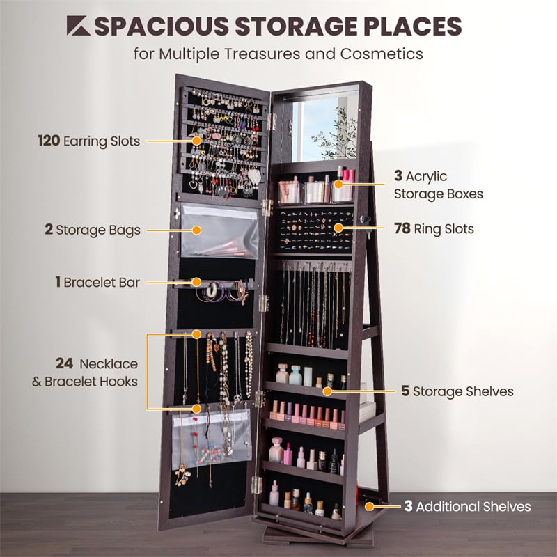 360° Rotating Jewelry Armoire with Higher Full Length Mirror, 3-in-1 Freestanding Lockable Jewelry Cabinet Organizer