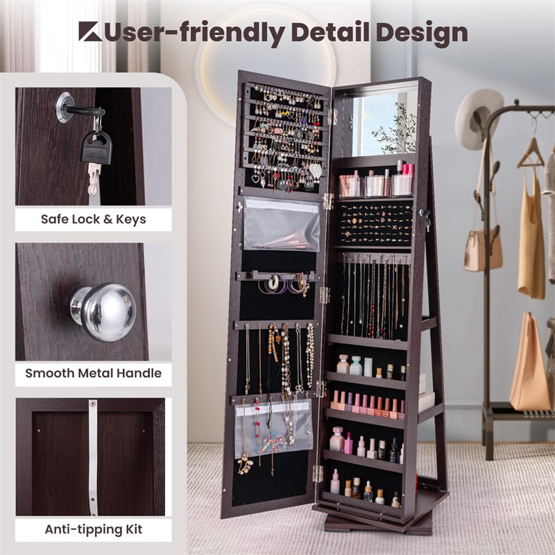 360° Rotating Jewelry Armoire with Higher Full Length Mirror, 3-in-1 Freestanding Lockable Jewelry Cabinet Organizer