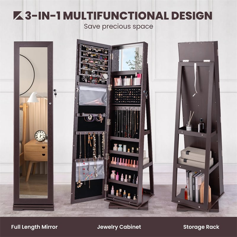 360° Rotating Jewelry Armoire with Higher Full Length Mirror, 3-in-1 Freestanding Lockable Jewelry Cabinet Organizer