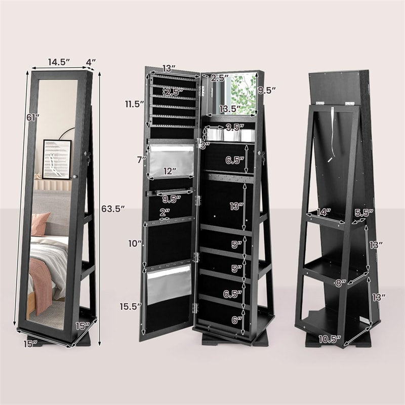 360° Rotating Jewelry Armoire with Higher Full Length Mirror, 3-in-1 Freestanding Lockable Jewelry Cabinet Organizer