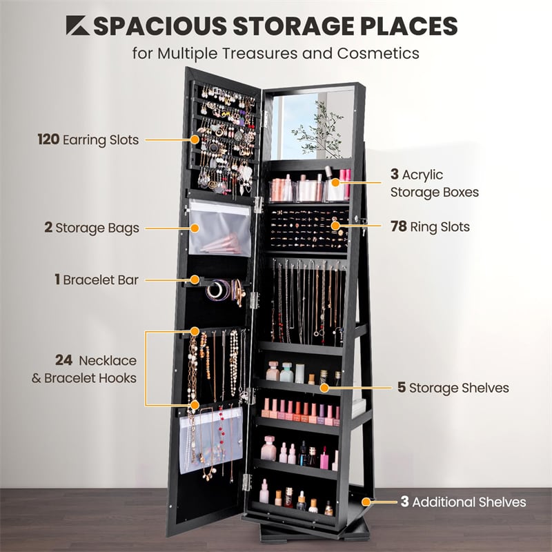 360° Rotating Jewelry Armoire with Higher Full Length Mirror, 3-in-1 Freestanding Lockable Jewelry Cabinet Organizer