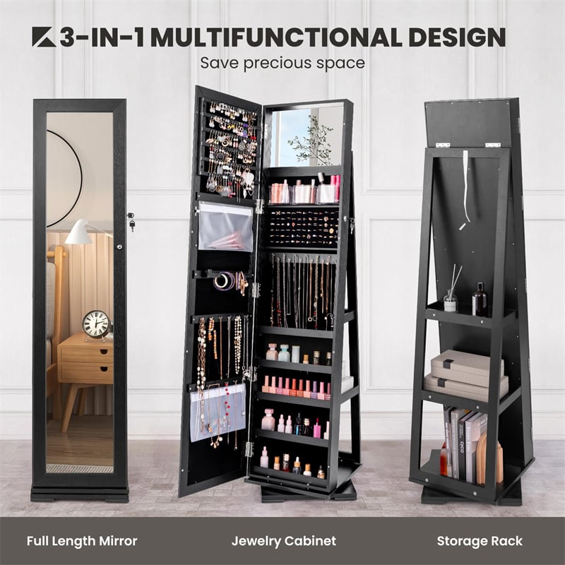 360° Rotating Jewelry Armoire with Higher Full Length Mirror, 3-in-1 Freestanding Lockable Jewelry Cabinet Organizer