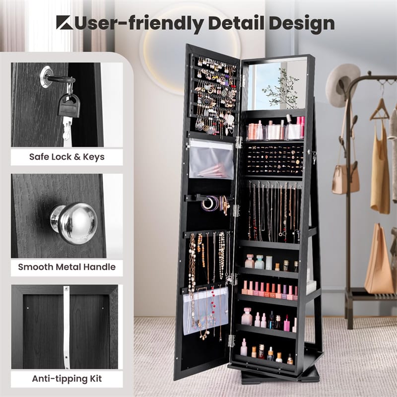 360° Rotating Jewelry Armoire with Higher Full Length Mirror, 3-in-1 Freestanding Lockable Jewelry Cabinet Organizer
