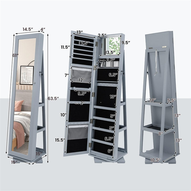 360° Rotating Jewelry Armoire with Higher Full Length Mirror, 3-in-1 Freestanding Lockable Jewelry Cabinet Organizer