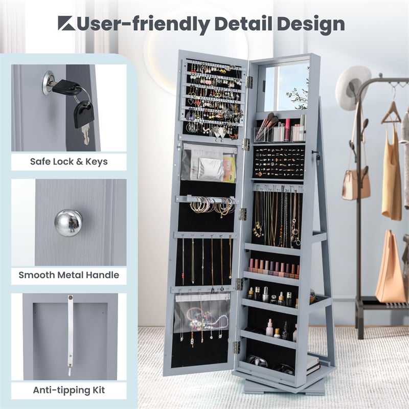 360° Rotating Jewelry Armoire with Higher Full Length Mirror, 3-in-1 Freestanding Lockable Jewelry Cabinet Organizer