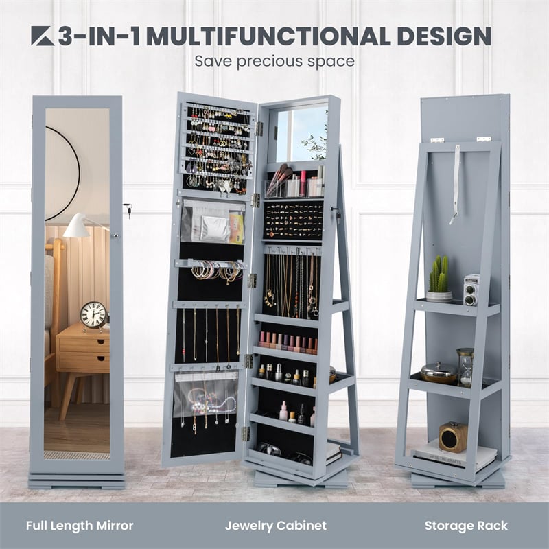 360° Rotating Jewelry Armoire with Higher Full Length Mirror, 3-in-1 Freestanding Lockable Jewelry Cabinet Organizer