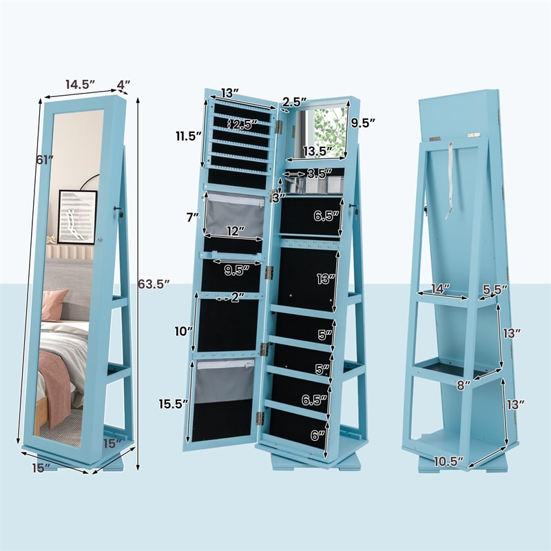 360° Rotating Jewelry Armoire with Higher Full Length Mirror, 3-in-1 Freestanding Lockable Jewelry Cabinet Organizer