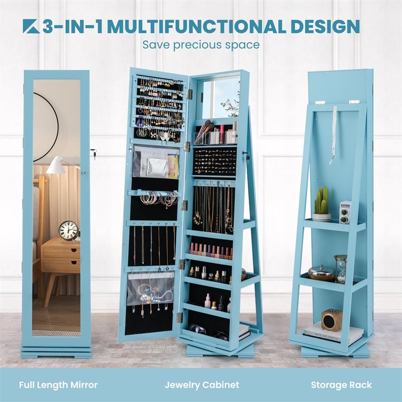 360° Rotating Jewelry Armoire with Higher Full Length Mirror, 3-in-1 Freestanding Lockable Jewelry Cabinet Organizer