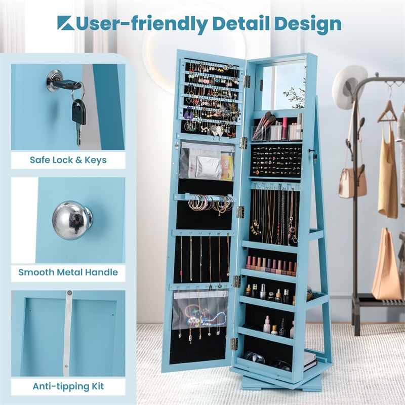 360° Rotating Jewelry Armoire with Higher Full Length Mirror, 3-in-1 Freestanding Lockable Jewelry Cabinet Organizer