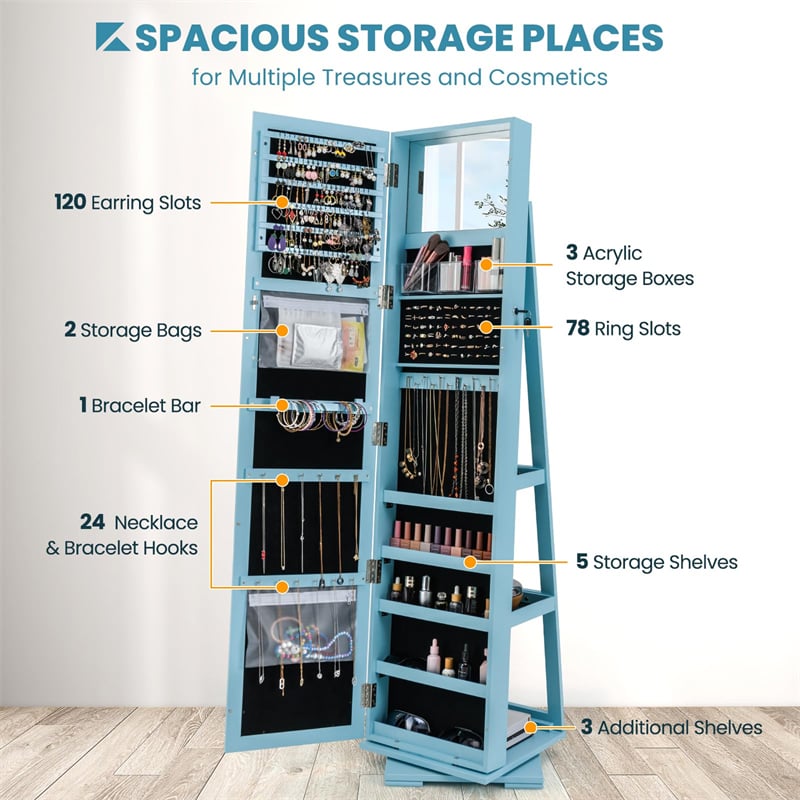 360° Rotating Jewelry Armoire with Higher Full Length Mirror, 3-in-1 Freestanding Lockable Jewelry Cabinet Organizer