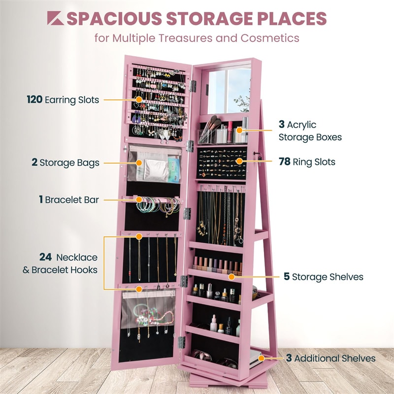 360° Rotating Jewelry Armoire with Higher Full Length Mirror, 3-in-1 Freestanding Lockable Jewelry Cabinet Organizer