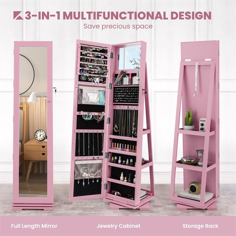 360° Rotating Jewelry Armoire with Higher Full Length Mirror, 3-in-1 Freestanding Lockable Jewelry Cabinet Organizer