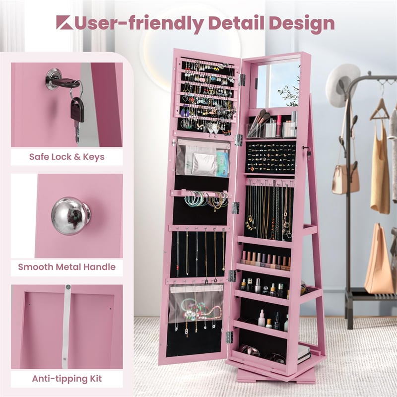 360° Rotating Jewelry Armoire with Higher Full Length Mirror, 3-in-1 Freestanding Lockable Jewelry Cabinet Organizer