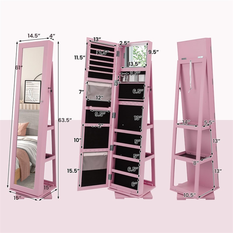 360° Rotating Jewelry Armoire with Higher Full Length Mirror, 3-in-1 Freestanding Lockable Jewelry Cabinet Organizer
