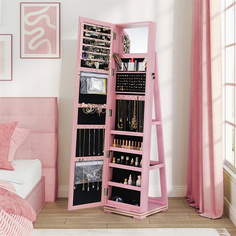 360° Rotating Jewelry Armoire with Higher Full Length Mirror, 3-in-1 Freestanding Lockable Jewelry Cabinet Organizer