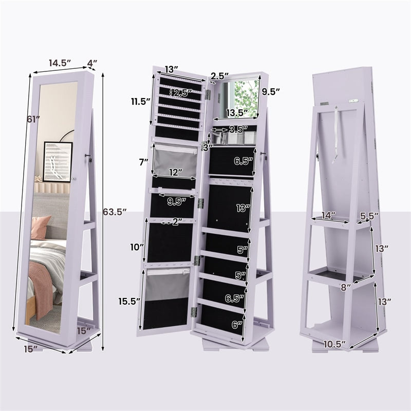 360° Rotating Jewelry Armoire with Higher Full Length Mirror, 3-in-1 Freestanding Lockable Jewelry Cabinet Organizer