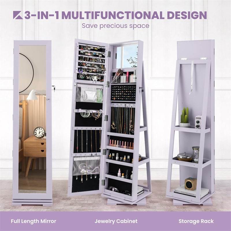 360° Rotating Jewelry Armoire with Higher Full Length Mirror, 3-in-1 Freestanding Lockable Jewelry Cabinet Organizer