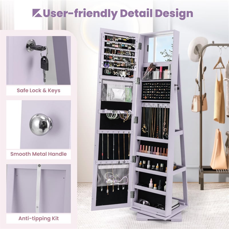 360° Rotating Jewelry Armoire with Higher Full Length Mirror, 3-in-1 Freestanding Lockable Jewelry Cabinet Organizer