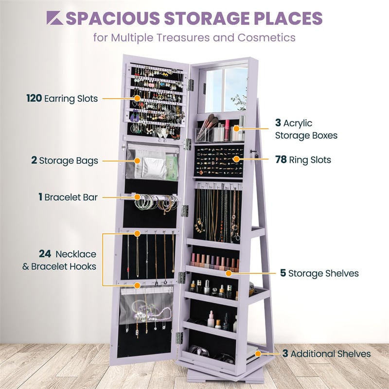 360° Rotating Jewelry Armoire with Higher Full Length Mirror, 3-in-1 Freestanding Lockable Jewelry Cabinet Organizer
