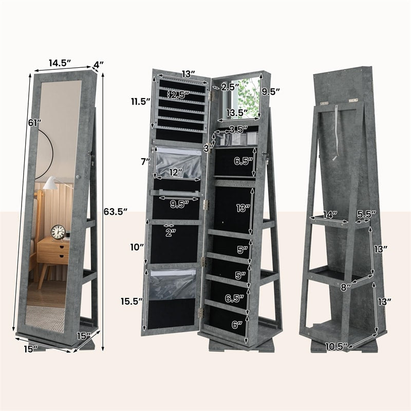360° Rotating Jewelry Armoire with Higher Full Length Mirror, 3-in-1 Freestanding Lockable Jewelry Cabinet Organizer