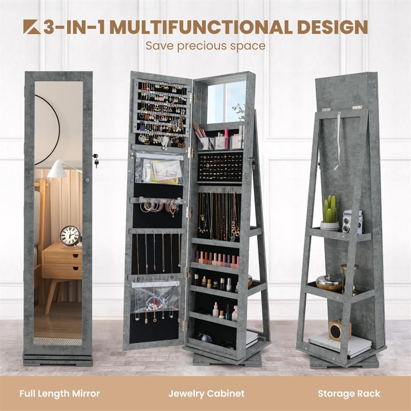 360° Rotating Jewelry Armoire with Higher Full Length Mirror, 3-in-1 Freestanding Lockable Jewelry Cabinet Organizer